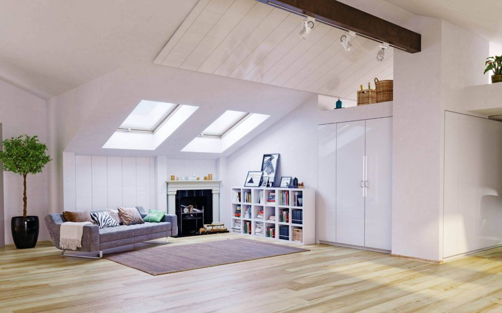 A loft conversion with roof windows and a sloped roof.