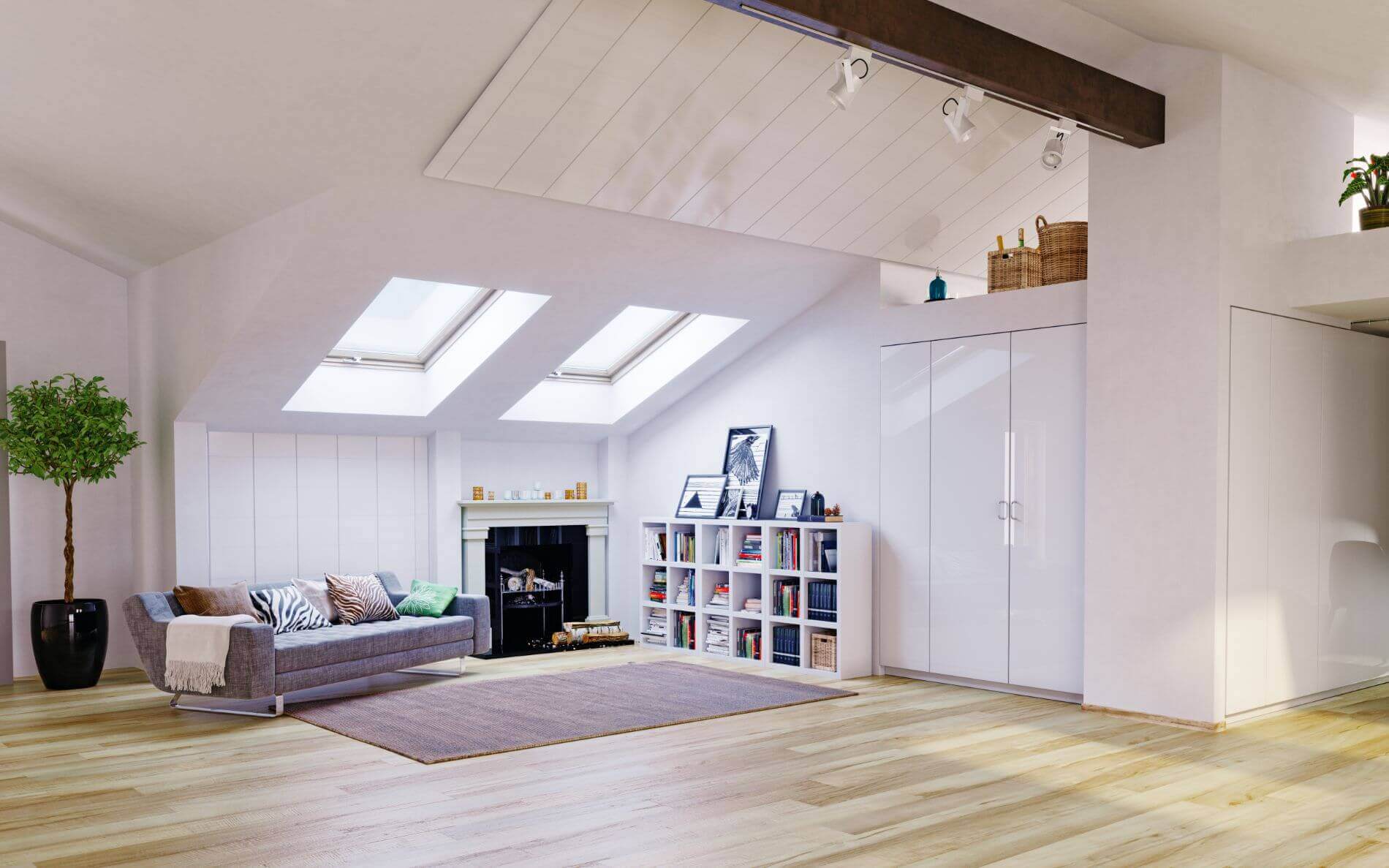 A loft conversion with roof windows and a sloped roof.