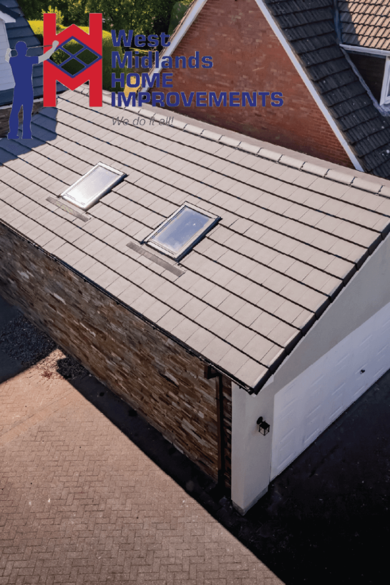 Side view of a modern garage featuring a tiled roof with twin skylights and stone cladding.