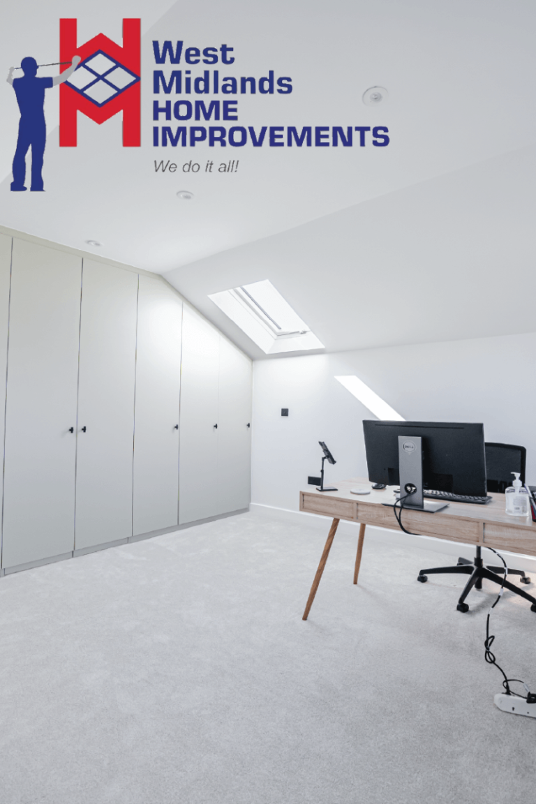 Modern loft conversion with skylights, built-in wardrobes, and a home office setup.