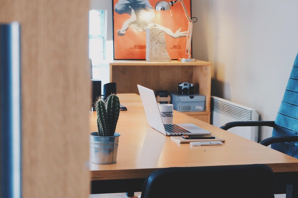 Bright home office with a wooden desk, open laptop, cactus plant, mug, and books, with shelves and a poster in the background.