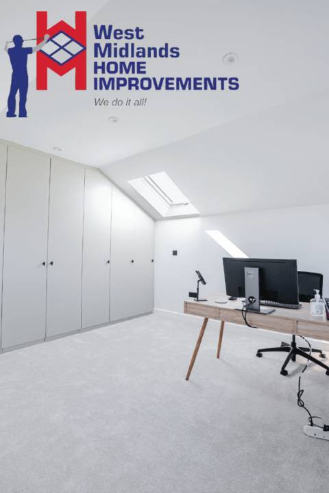 Expert loft conversions in West Midlands and Birmingham, creating functional and stylish home office spaces with custom storage and skylights.