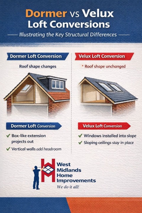 Infographic comparing Dormer and Velux loft conversions, detailing structural differences, roof shape changes, and headroom benefits for West Midlands homeowners.