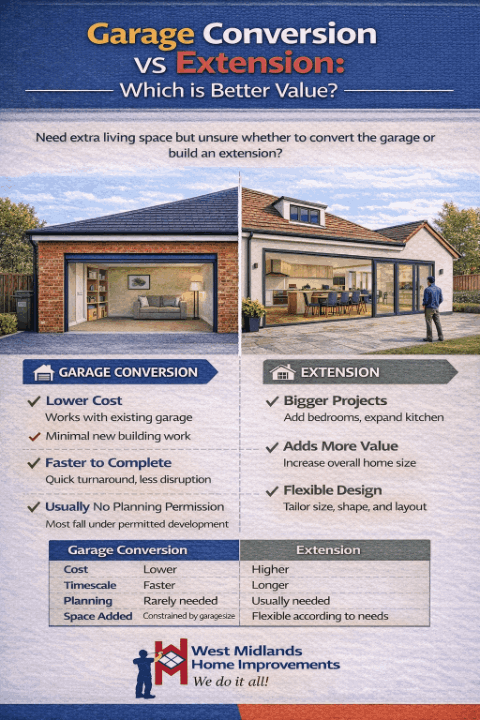 Compare garage conversion benefits (lower cost, faster) with extension advantages (more space, flexible design) in this infographic from West Midlands Home Improvements.