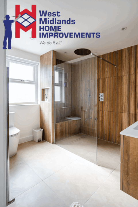 Modern bathroom with a spacious walk-in shower, wood-effect wall panels, and sleek glass partitioning.