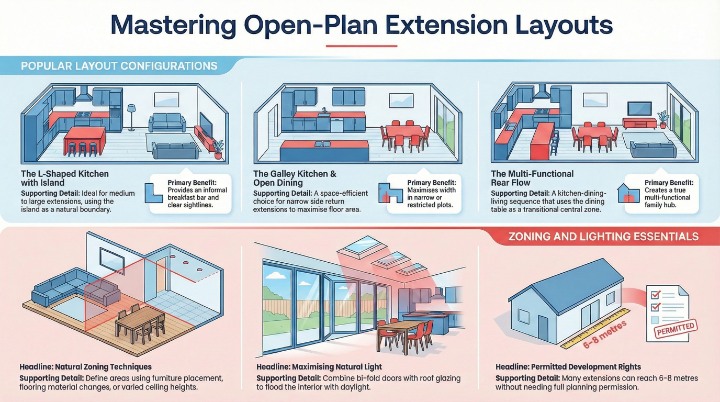 Infographic for West Midlands homeowners on mastering open-plan extension layouts, including kitchen styles, natural light, zoning techniques, and permitted development rights.